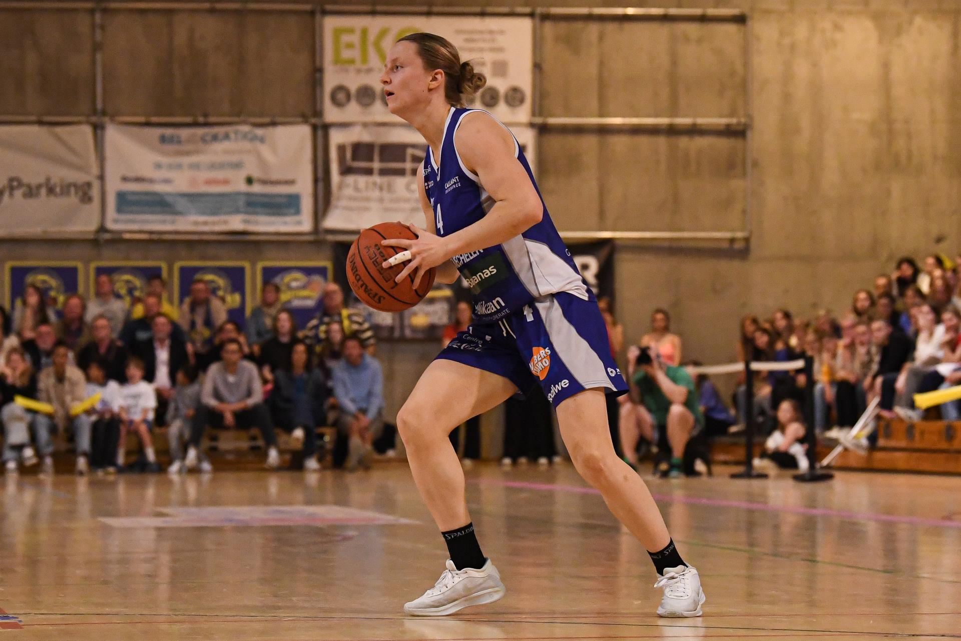Mechelen's Renee Denys pictured in action during a basketball match between Royal Castors Braine and Kangoeroes Mechelen, Tuesday 22 April 2025, in Braine-l'Alleud, a 3rd leg best-of-3 game in the play-offs finals of the Women's Top Division Belgian basketball competition. BELGA PHOTO JILL DELSAUX