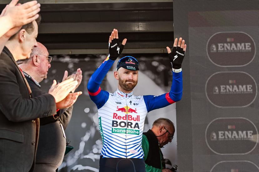 Belgian Jordi Meeus of Red Bull-BORA-hansgrohe celebrates on the podium after winning the 'Ename Samyn Classic' one day cycling race, 203,8km from Quaregnon to Dour on Tuesday 03 March 2026. BELGA PHOTO MAARTEN STRAETEMANS