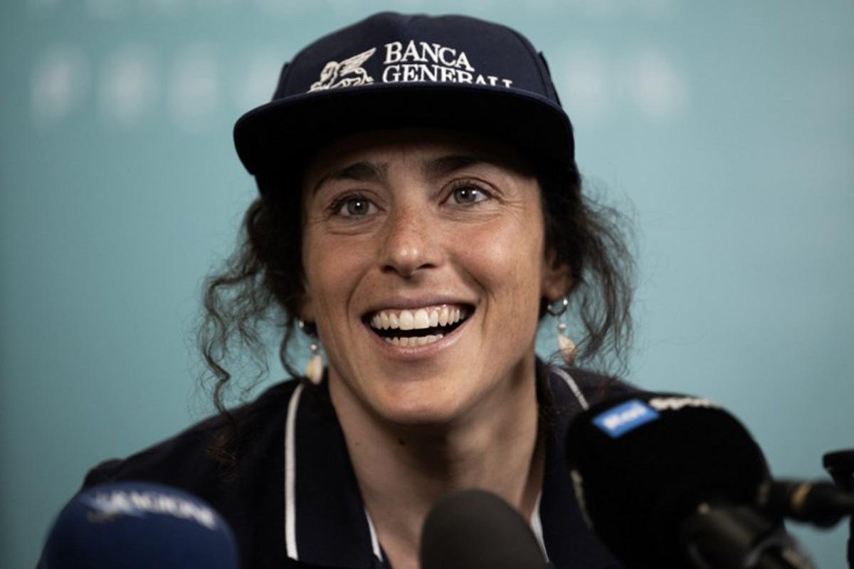 Italian skier Federica Brignone gives a press conference at the JMedical Center in Turin on June 3, 2025.  Italian ski star Federica Brignone faces a race against time to be fit for next year's Winter Olympics as she recovers from a broken leg at the italian ski championships in the last April.  MARCO BERTORELLO / AFP