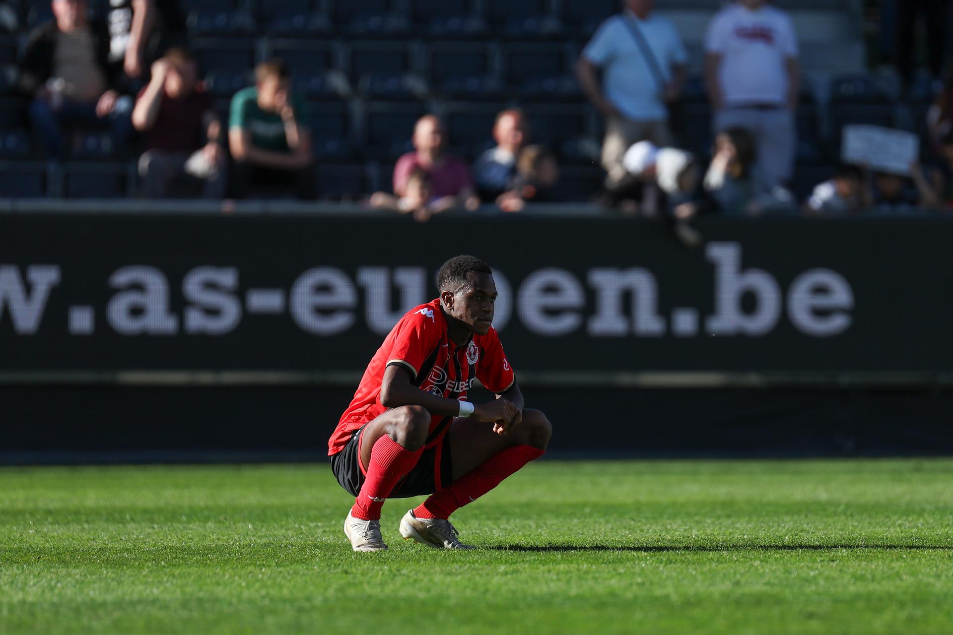 Searing's player reacts after they lost 2-1 a soccer match between KAS Eupen and RFC Seraing, in Eupen, on day 29 of the 2024-2025 'Challenger Pro League' 1B second division of the Belgian championship, Saturday 12 April 2025. BELGA PHOTO NATACHA FREISEN