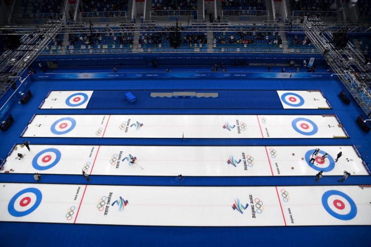 This overview shows a general view of the venue during the women's gold medal game of the Beijing 2022 Winter Olympic Games curling competition between Japan and Great Britain at the National Aquatics Centre in Beijing on February 20, 2022.  Lillian SUWANRUMPHA / AFP