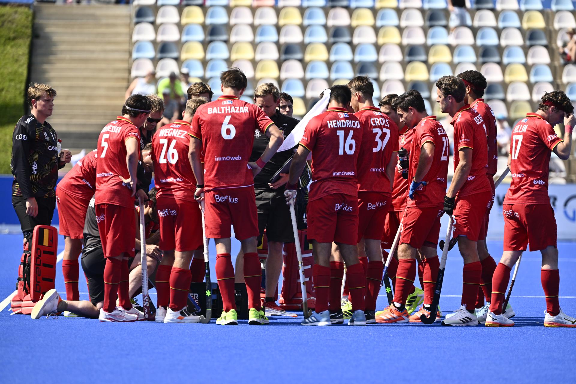 The Red Lions are pictured during a hockey game between Spain and the Belgian national team Red Lions, match 3/3 in the pool stage of the 2025 men's European championships, Tuesday 12 August 2025 in Monchengladbach, Germany.  BELGA PHOTO ERIC LALMAND