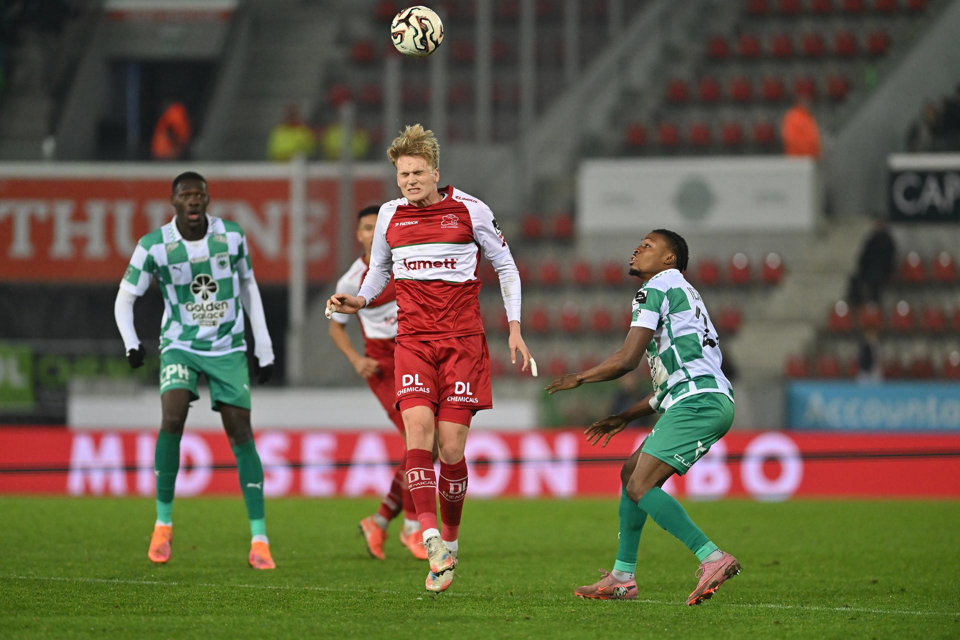 Essevee's Jakob Kiilerich pictured in action during a soccer match between SV Zulte Waregem and RAAL La Louviere, Saturday 13 December 2025 in Waregem, on day 18 of the 2025-2026 'Jupiler Pro League' first division of the Belgian championship. BELGA PHOTO LUC CLAESSEN