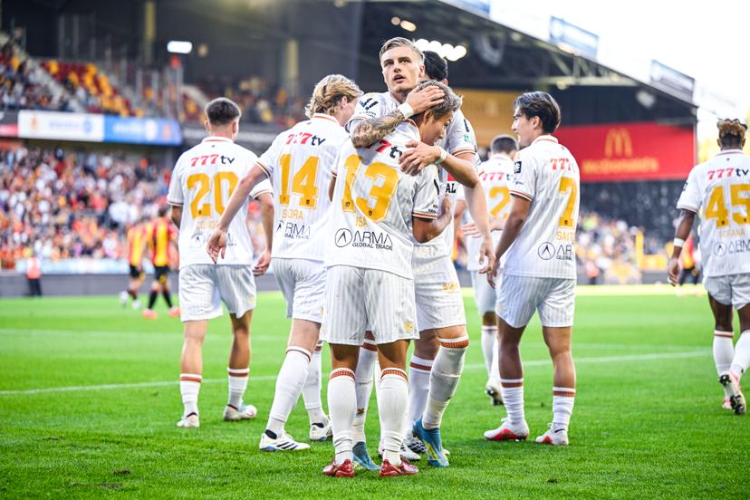 Westerlo's Norman Bassette and Westerlo's Isa Sakamoto celebrate after scoring during a soccer match between KV Mechelen and KVC Westerlo, Saturday 5 September 2026 in Mechelen, on day 5 of the 2026-2027 'Jupiler Pro League' first division of the Belgian championship. BELGA PHOTO TOM GOYVAERTS