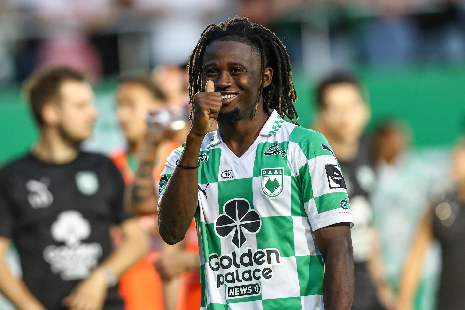 RAAL's Mohamed Guindo celebrates after a soccer match between RAAL La Louviere and Royale Union Saint-Gilloise, Sunday 24 August 2025 in La Louviere, on day 5 of the 2025-2026 'Jupiler Pro League' first division of the Belgian championship. BELGA PHOTO BRUNO FAHY