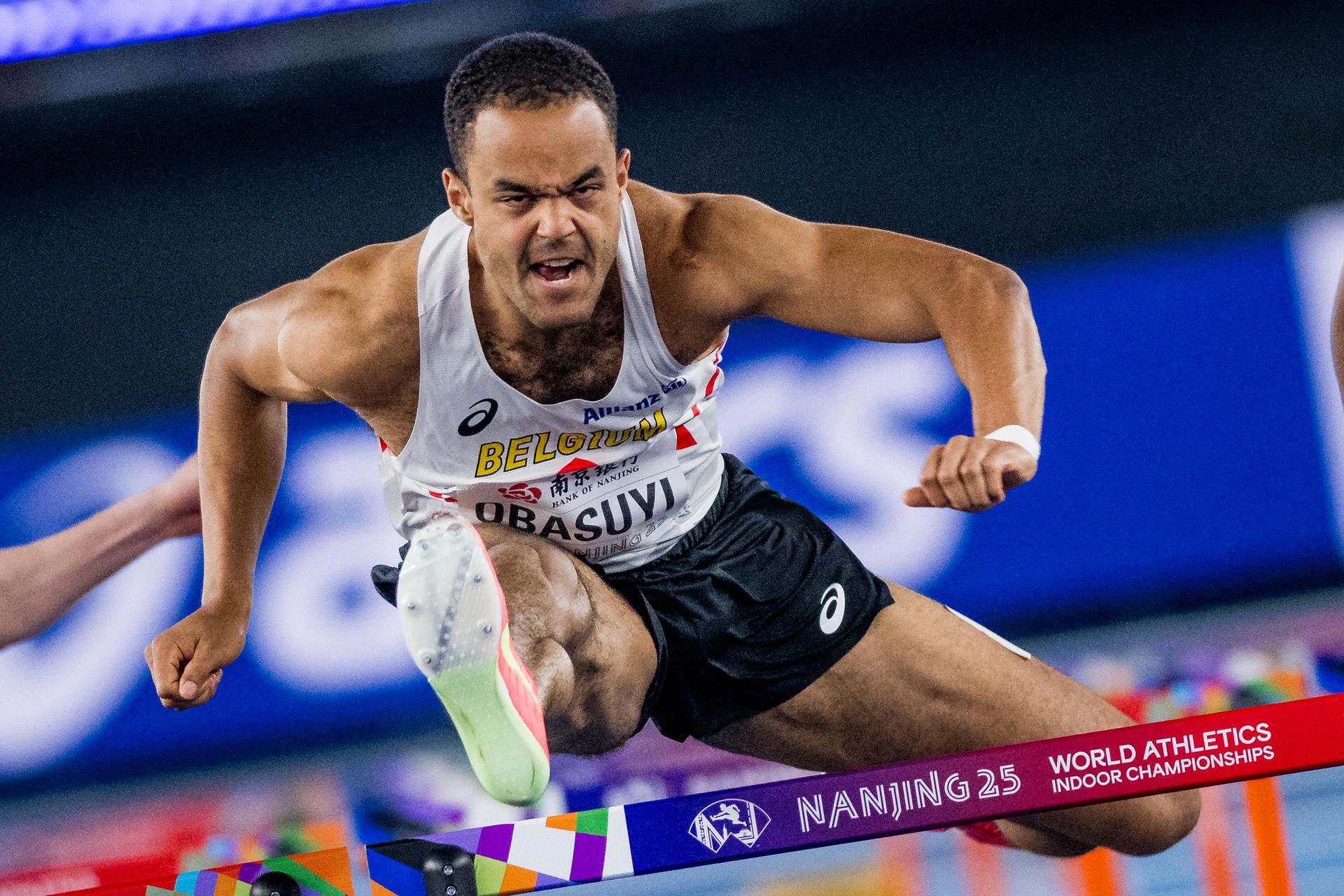Belgian Michael Obasuyi pictured in action during the men's 60m hurdles, at the World Athletics Indoor Championships, in Nanjing, China, Saturday 22 March 2025. The championships take place from 21 to 23 March. BELGA PHOTO JASPER JACOBS