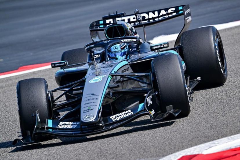 Mercedes' British driver George Russell drives on the third day of the Formula One pre-season testing at the Bahrain International Circuit in Sakhir on February 13, 2026.  Giuseppe CACACE / AFP