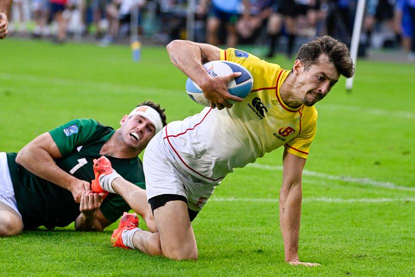 Belgium's Gaspard Lalli pictured in action during a rugby match between Belgium and Ireland, the quarterfinals of the men's Rugby Sevens tournament, at the European Games in Krakow, Poland on Monday 26 June 2023. The 3rd European Games, informally known as Krakow-Malopolska 2023, is a scheduled international sporting event that will be held from 21 June to 02 July 2023 in Krakow and Malopolska, Poland. BELGA PHOTO LAURIE DIEFFEMBACQ