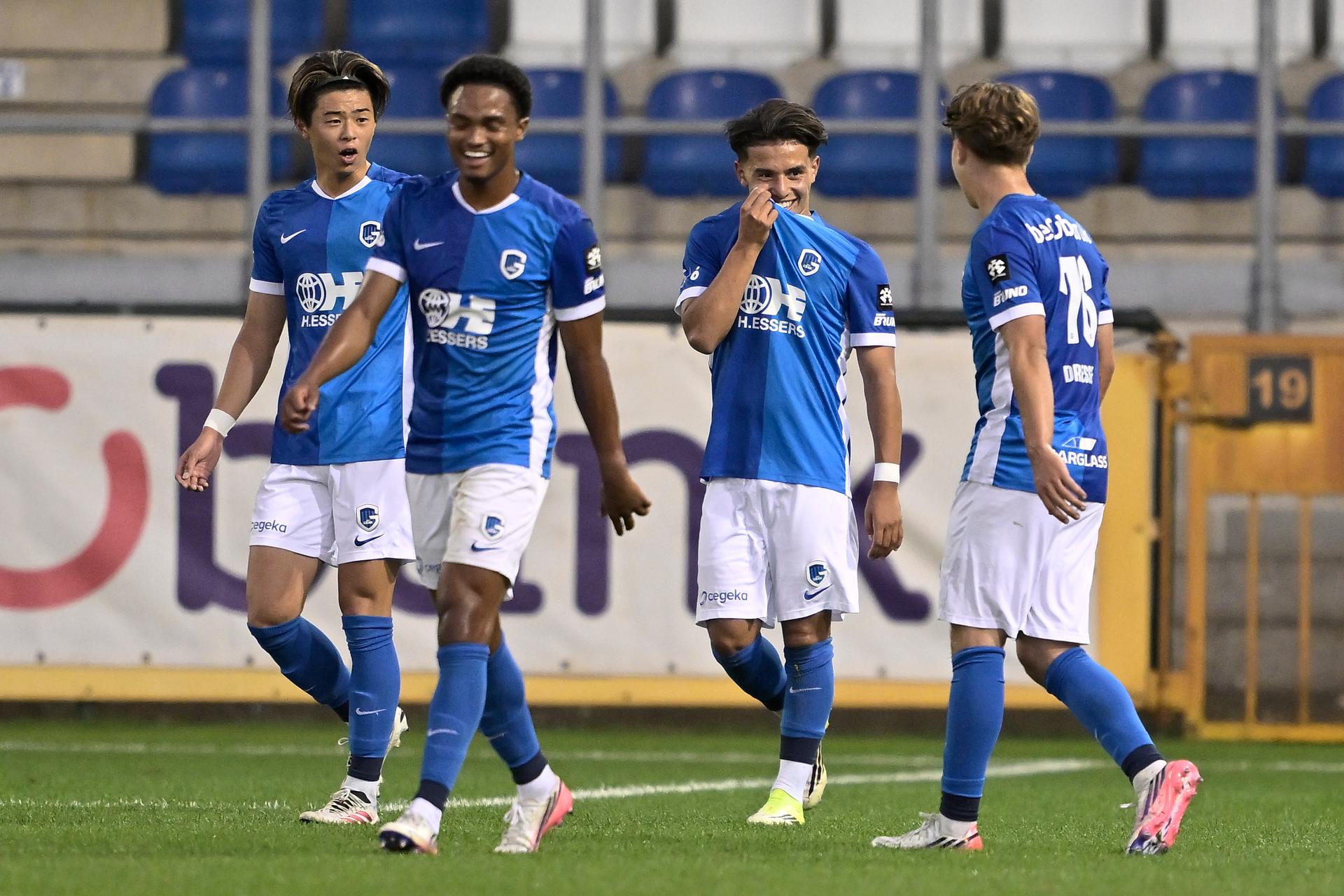 Jong Genk's Kiyan Achabar celebrates after scoring during a soccer match between Jong Genk and Sporting Hasselt, Saturday 5 September 2026 in Genk, on day 4 of the 2026-2027 'Challenger Pro League' 1B second division of the Belgian championship. BELGA PHOTO JOHAN EYCKENS