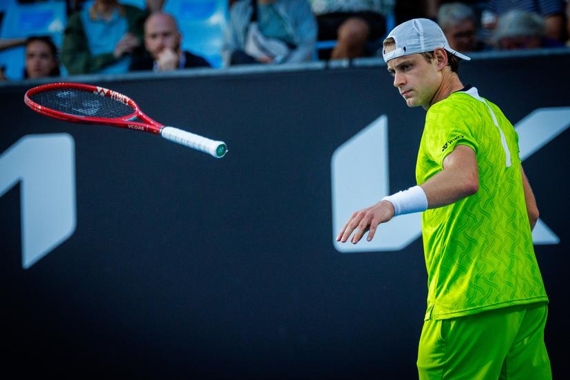 Belgium's Zizou Bergs (ATP 43) pictured in action during a first round match against Poland's Hurkacz (ATP 55) in the men singles at the Australian Open, Melbourne Park, Melbourne on Tuesday 20 January 2026.  BELGA PHOTO PATRICK HAMILTON  --- BENELUX ONLY   ---