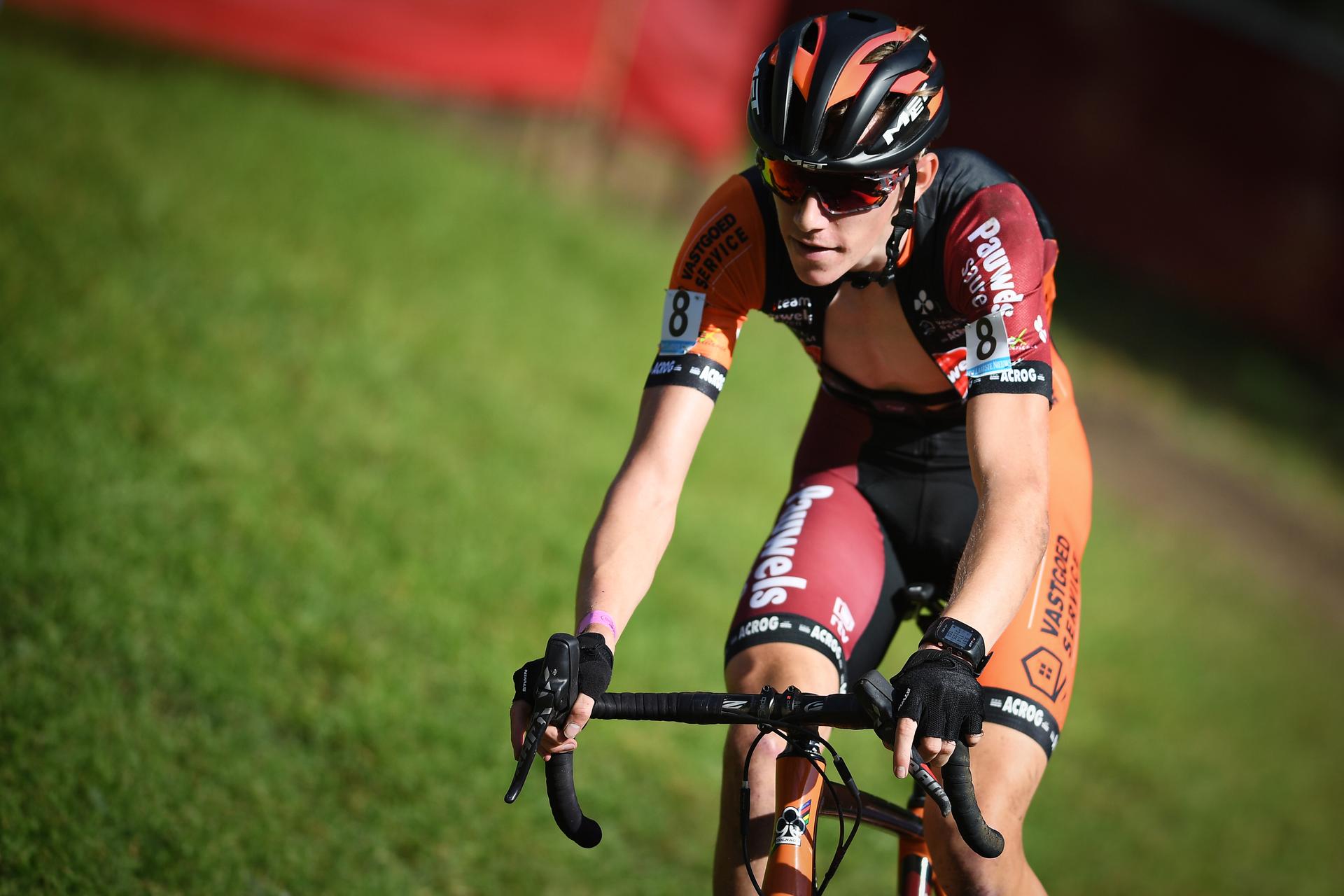 Belgian Jarno Bellens pictured in action during the u23 race of the 'Rapencross' cyclocross event in Lokeren, the fourth race (out of 8) in the 'Brico Cross' competition, Saturday 13 October 2018. BELGA PHOTO DAVID STOCKMAN