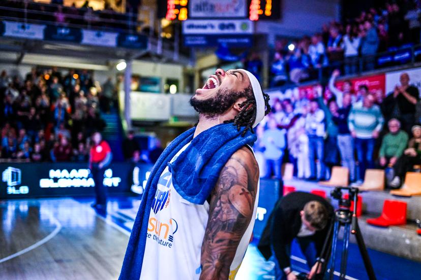 Aalst's Dante Maddox Jr. celebrates after winning a basketball match between Spirou Charleroi and Okapi Aalst, Saturday 22 November 2025 in Aalst, on day 9 of the 'BNXT League' Belgian/ Dutch first division basket championship. BELGA PHOTO TOM GOYVAERTS