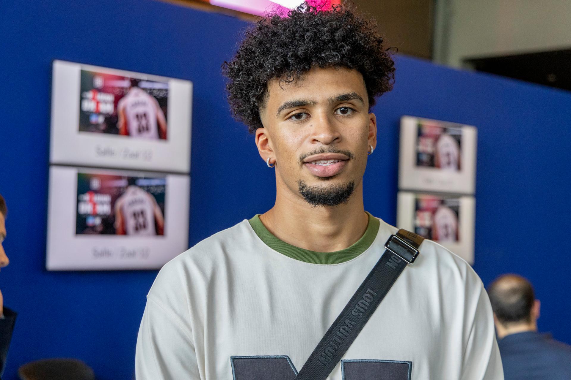 Belgian NBA-player Toumani Camara poses for the photographer at a press vision and avant-premiere of the documentary 'The Belgian Dream', at Kinepolis cinema complex in Brussels, Monday 29 July 2024. BELGA PHOTO NICOLAS MAETERLINCK
