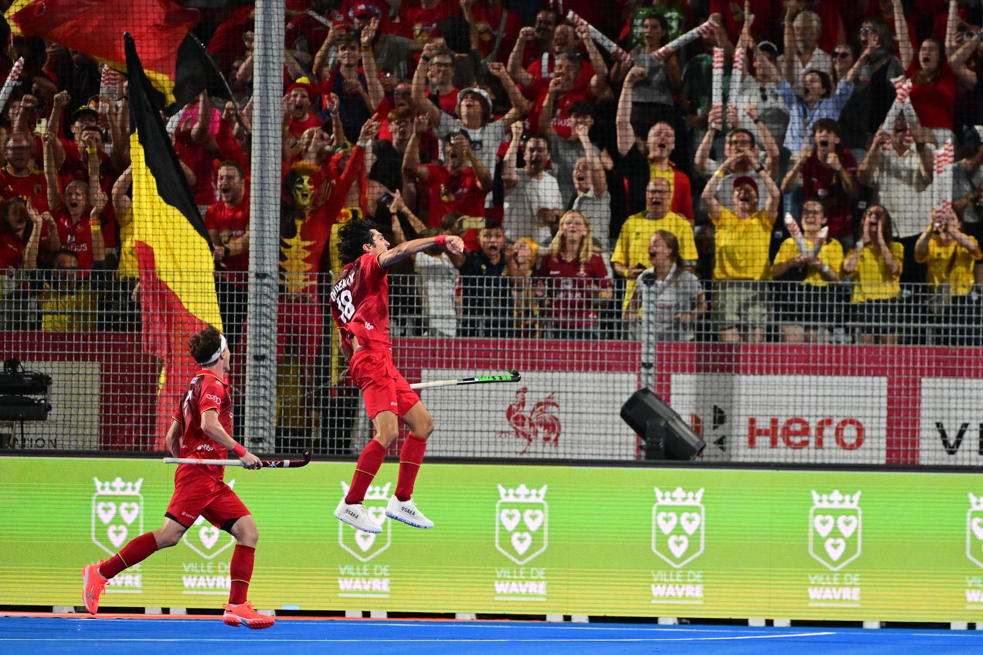 Belgium's Roman Duvekot celebrates after scoring a goal at a hockey game between Belgium's Red Lions and France, the first (out of three) matches during the group stage of the men's 2026 Hockey World Cup, Saturday 15 August 2026 in Wavre. The 2026 edition of the Hockey World Cup takes place in Belgium and The Netherlands from August 15 to August 30. BELGA PHOTO DIRK WAEM