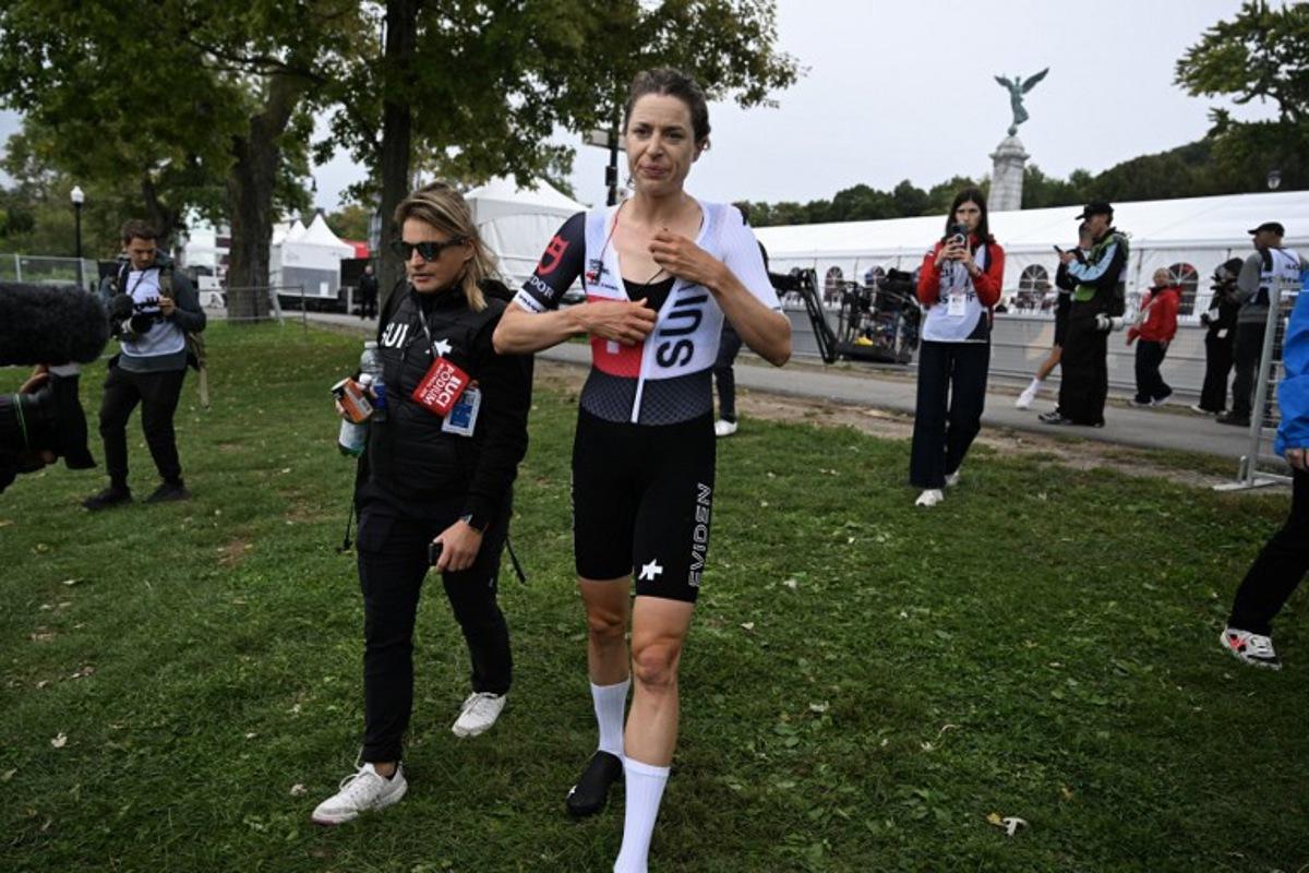 Switzerland's Marlen Reusser is seen after racing during the 2026 Union Cycliste Internationale (UCI) Road World Championships in Montreal, Quebec, on September 20, 2026.  Andrej Ivanov / AFP