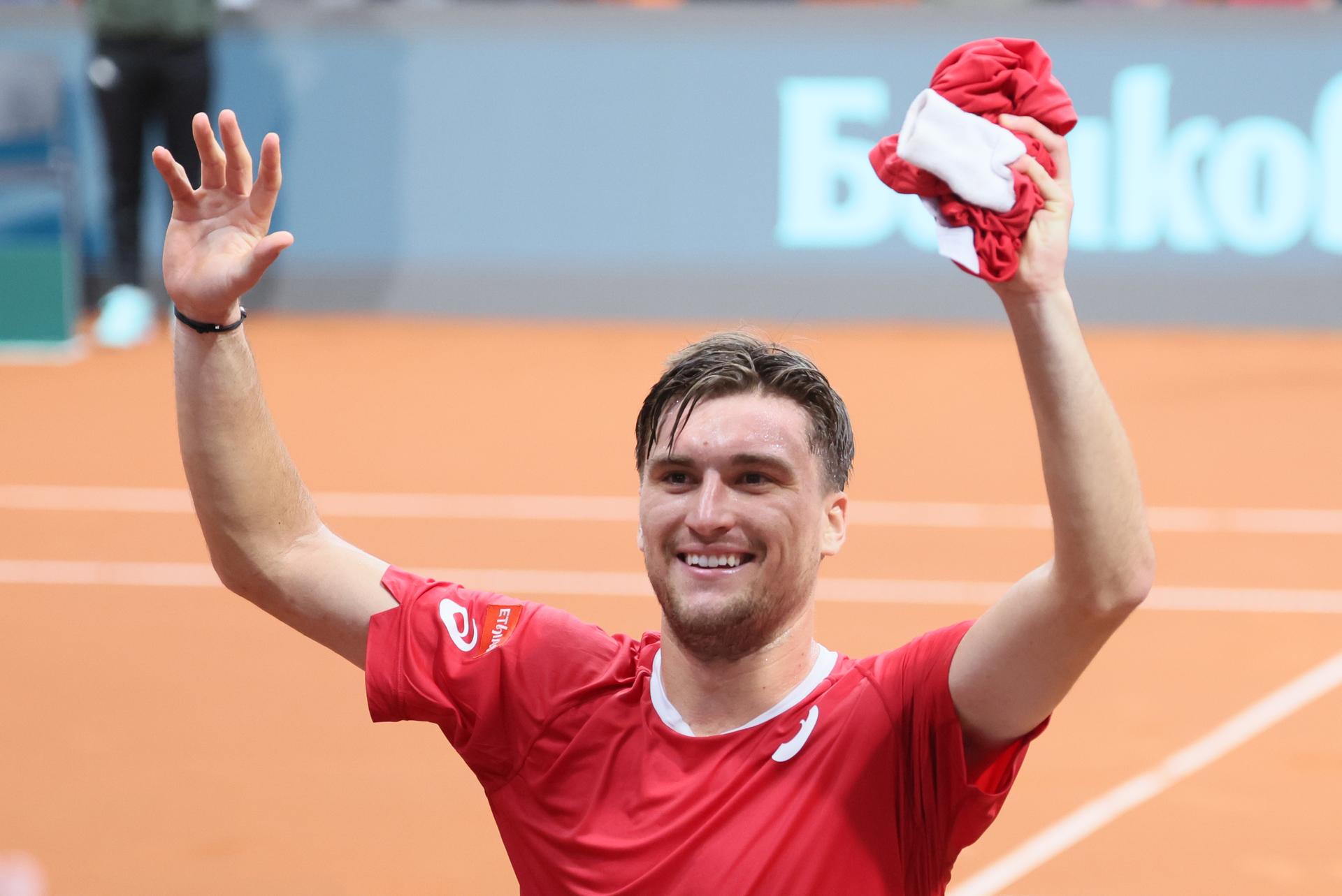 Belgian Raphael Collignon celebrates during a tennis match against Bulgarian Vasilev, during the qualifier of the Davis Cup on Saturday 07 February 2026, in Plovdiv, Bulgaria. Belgium will compete this weekend in the Davis Cup qualifiers against Bulgaria. BELGA PHOTO BENOIT DOPPAGNE