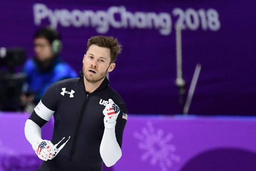 USA's Joey Mantia reacts after competing in the men's 1,000m speed skating event during the Pyeongchang 2018 Winter Olympic Games at the Gangneung Oval in Gangneung on February 23, 2018.  Roberto SCHMIDT / AFP