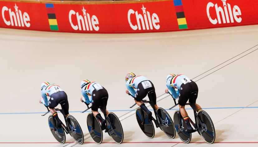 Belgians Lindsay De Vylder, Fabio Van Den Bossche, Jasper De Buyst and Noah Vandenbranden pictured in action during the men's team pursuit qualifying round at the 2025 UCI Track World Championships, in Santiago, Chile, Wednesday 22 October 2025. The Track World Championships take place from 22 to 26 October at the Velodromo de Penalolen in Santiago, Chile. BELGA PHOTO BENOIT DOPPAGNE