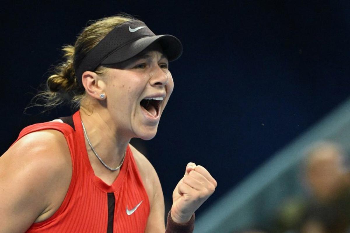 USA's Amanda Anisimova reacts during her women's singles final against Czech Republic's Linda Noskova at the China Open tennis tournament in Beijing on October 5, 2025.  Greg Baker / AFP
