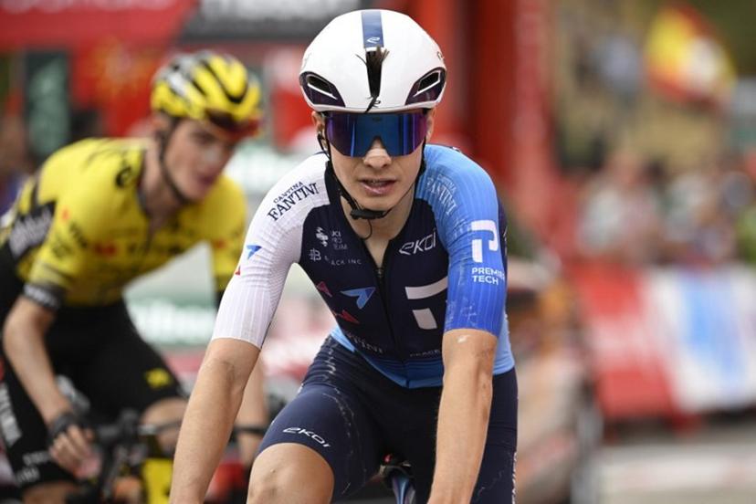 Team Israel Premier Tech 's US rider Matthew Riccitello crosses the finish line during the 14th stage of the Vuelta a Espana cycling tour, a 135 km race between Aviles and La Farrapona in Somiedo, on September 6, 2025.   Cycling team Israel-Premier Tech removed their name from their kit at the Vuelta a Espana today after pro-Palestine protests aimed at them during the race. Miguel RIOPA / AFP