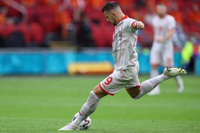 North Macedonia's forward Aleksandar Trajkovski attempts to score during the UEFA EURO 2020 Group C football match between North Macedonia and the Netherlands at Johan Cruyff Arena in Amsterdam on June 21, 2021.  KENZO TRIBOUILLARD / POOL / AFP
