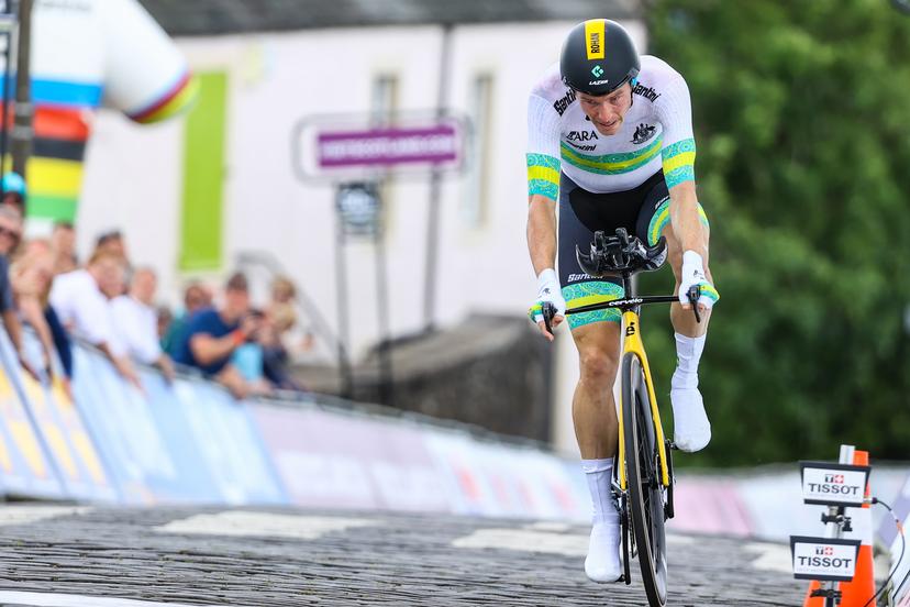 Australian Rohan Dennis of Jumbo-Visma pictured in action during the elite men time trial race at the UCI World Championships Cycling, in Glasgow, Scotland, Friday 11 August 2023. UCI organizes the worlds with all cycling disciplines, road cycling, indoor cycling, mountain bike, BMX racing, road para-cycling and indoor para-cycling, in Glasgow from 03 to 13 August. BELGA PHOTO DAVID PINTENS