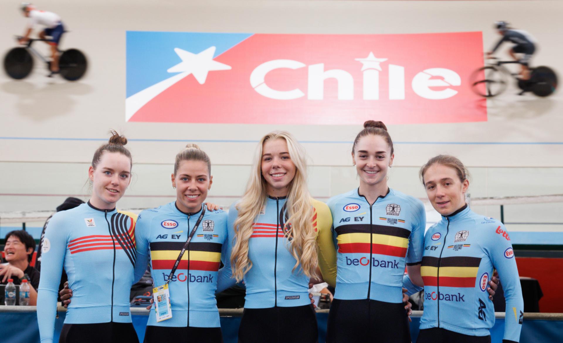 Belgian Katrijn De Clercq, Belgian Shari Bossuyt, Belgian Helene Hesters, Belgian Marith Vanhove and Belgian Luca Vierstraete poses for the photographer during a training session ahead of the 2025 UCI Track World Championships, in Santiago, Chile, Tuesday 21 October 2025. The Track World Championships take place from 22 to 26 October at the Velodromo de Penalolen in Santiago, Chile. BELGA PHOTO BENOIT DOPPAGNE