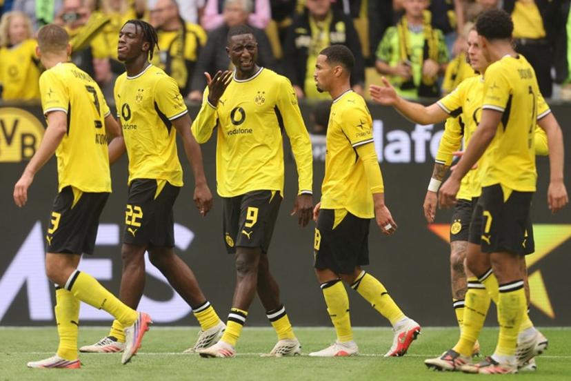 Dortmund's Guinean forward #09 Serhou Guirassy reacts after a goal is disallowed during the German first division Bundesliga football match between Borussia Dortmund and SC Paderborn in Dortmund on September 12, 2026.  Leon Kuegeler / AFP