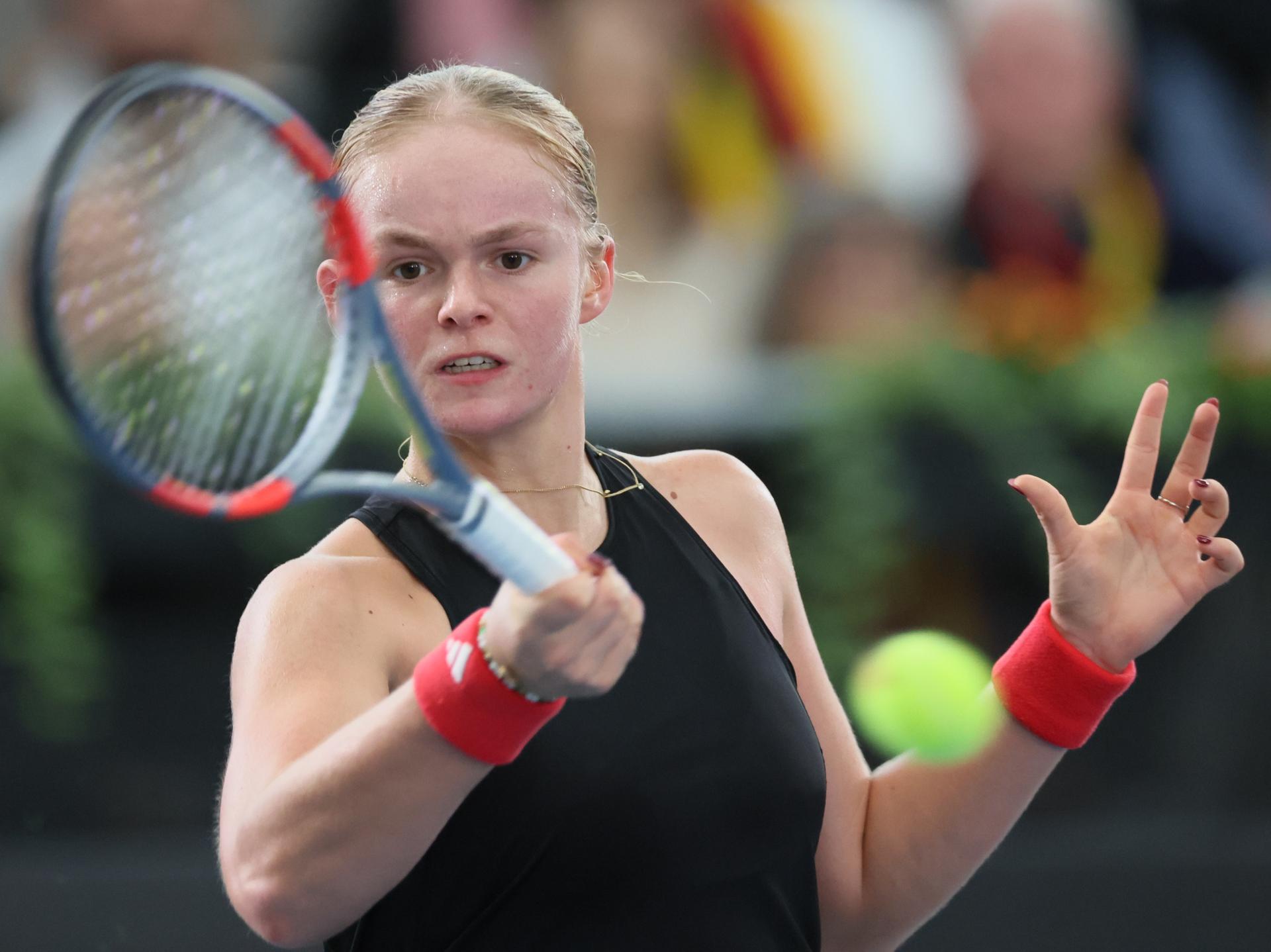 Belgian Jeline Vandromme pictured during the first game between Belgian Vandromme and German Friedsam in the Billie Jean King Cup Play-offs, between Belgium and Germany, on Sunday 16 November 2025 in Ismaning, Germany. PHOTO BENOIT DOPPAGNE