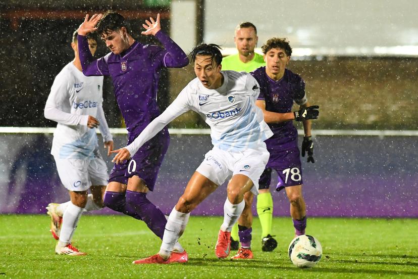 RSCA Futures' Robbie Philip Ure, Genk's Kenshin Yasuda and RSCA Futures' Anas Tajaouart pictured in action during a soccer match between RSCA Futures (U21) and Jong Genk (U21), Tuesday 28 January 2025 in Deinze, a postponed game of day 17 of the 2024-2025 'Challenger Pro League' second division of the Belgian championship. BELGA PHOTO JILL DELSAUX