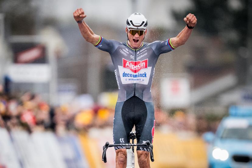 Dutch Mathieu van der Poel of Alpecin-Deceuninck celebrates as he crosses the finish line to win the 'E3 Saxo Bank Classic' one day cycling race, 208,8 km from and to Harelbeke, on Friday 28 March 2025. BELGA PHOTO JASPER JACOBS