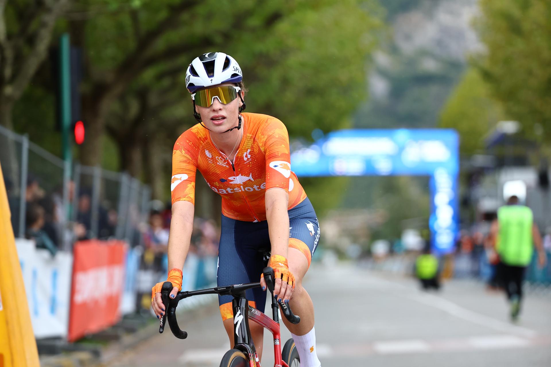 Netherlands Demi Vollering celebrates as she crosses the finish line to win the Women Elite road race of 116,1 km at the UEC road European cycling championships, Saturday 04 October 2025, in Loriol-sur-Drome, France. The European cycling championships Drome-Ardeche takes place from 1 to 5 October. BELGA PHOTO DAVID PINTENS