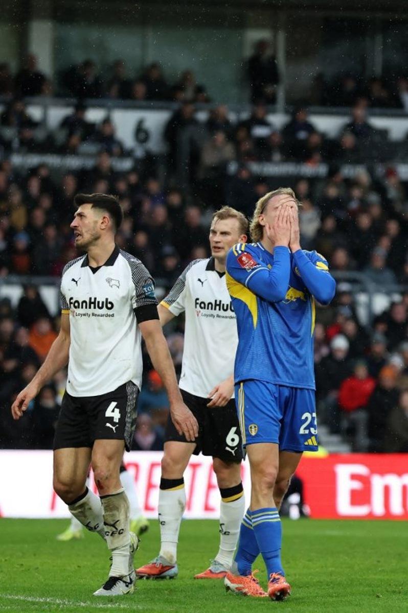 Leeds United's Belgian defender #23 Sebastiaan Bornauw reacts to a missed chance during the English FA Cup third round football match between Derby County and Leeds United at Pride Park Stadium in Derby, central England on January 11, 2026.  Darren Staples / AFP