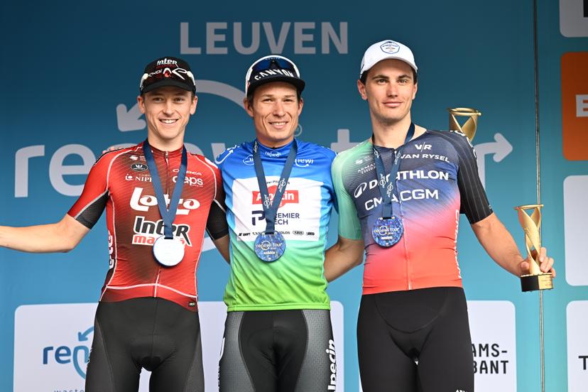 Italian Luca Mozzato ; Belgian Jasper Philipsen, and Belgian Arnaud De Lie pictured on the podium after the fifth and last stage of the 'Renewi Tour' multi-stage cycling race, from and to Leuven (183,7 km) on Sunday 23 August 2026. The five-day race takes place from 19 to 23/08. BELGA PHOTO DAVID PINTENS