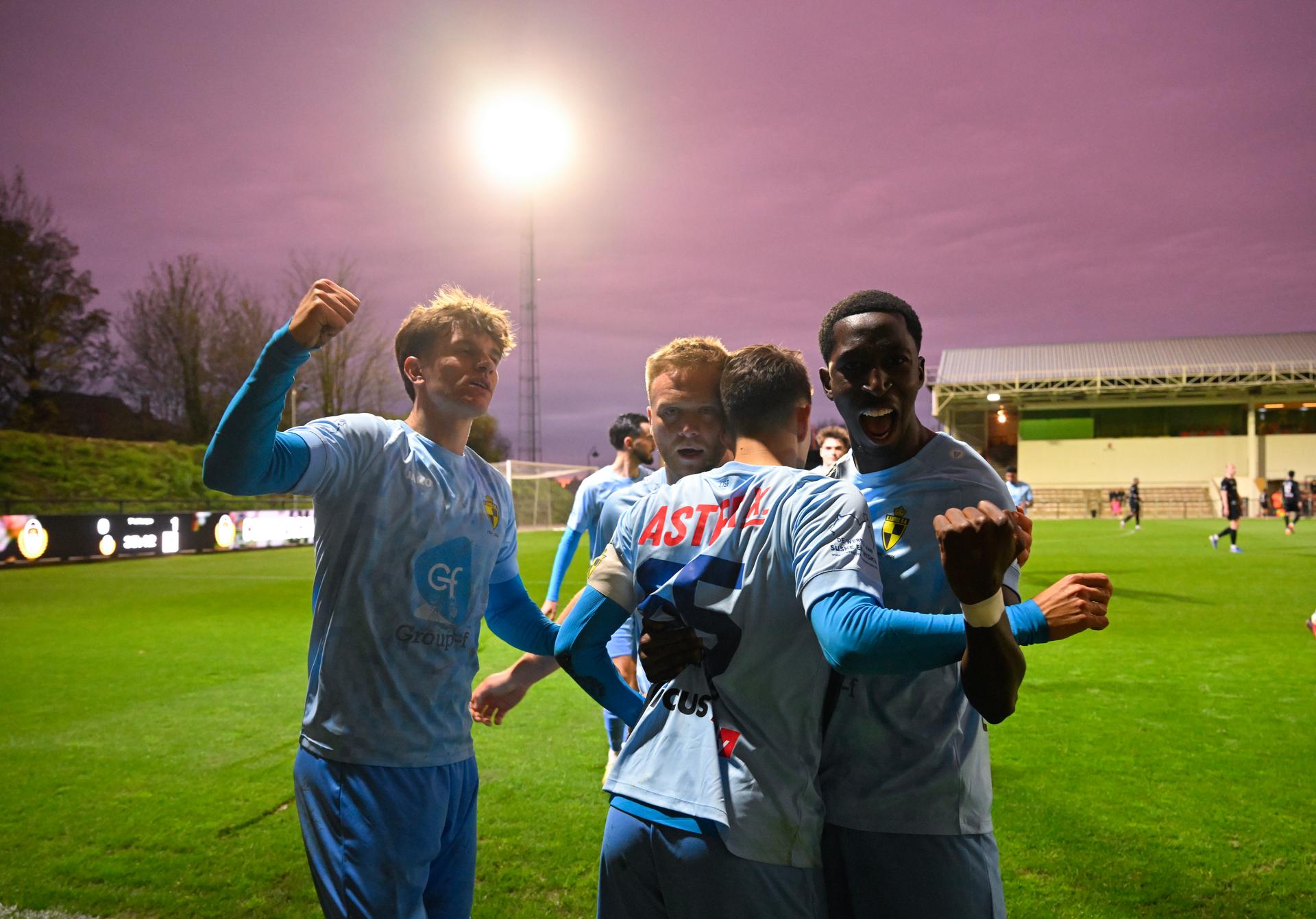 Lierse's Jenthe Mertens celebrates after scoring during a soccer game between Olympic Charleroi and Lierse SK, Saturday 11 April 2026 in Charleroi, on day 33 (out of 34) of the 2025-2026 'Challenger Pro League' 1B second division of the Belgian championship. BELGA PHOTO JOHN THYS