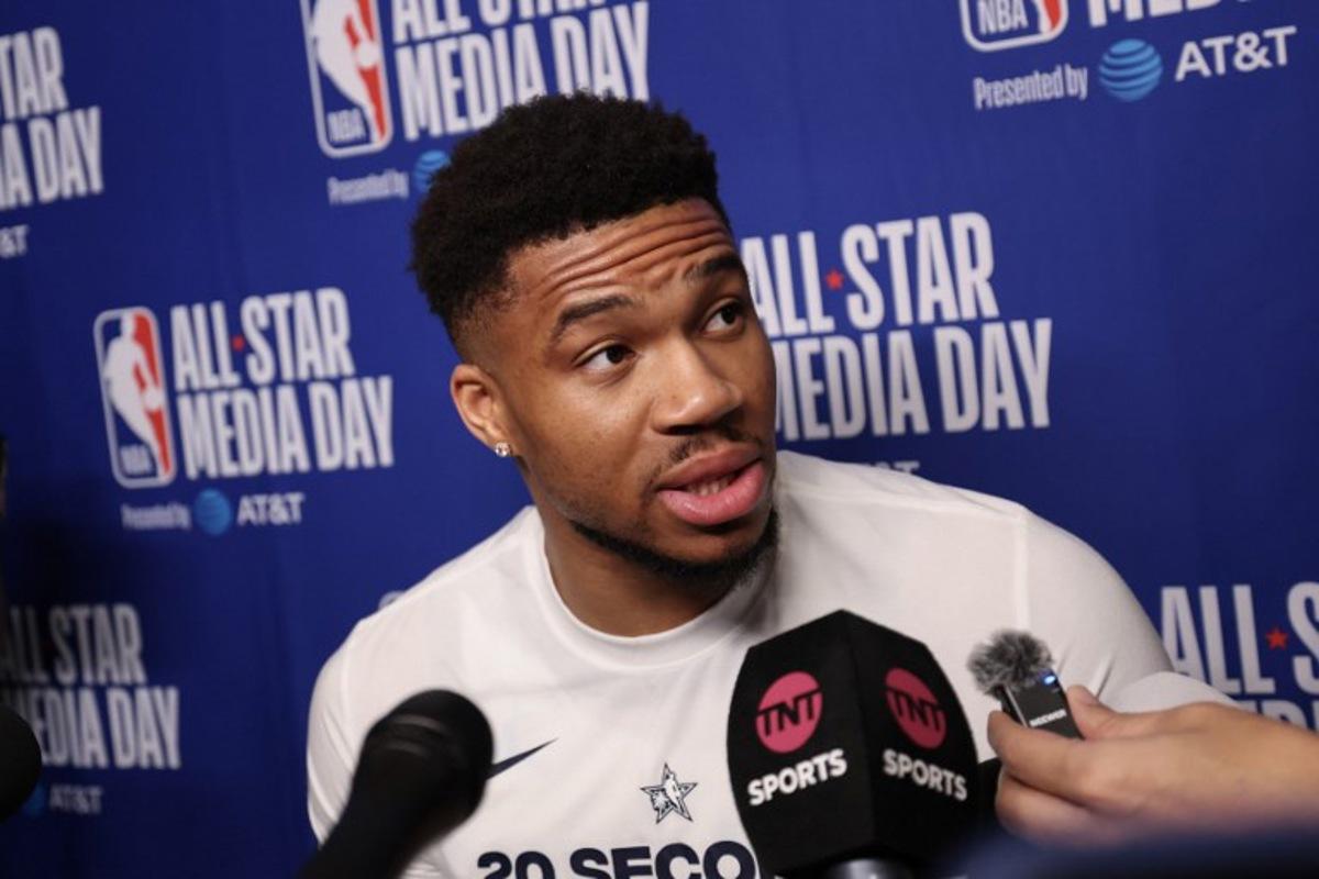 Greek basketball player Giannis Antetokounmpo of the Milwaukee Bucks speaks to the media during the NBA All-Star media day at the Intuit Dome in Los Angeles, on February 14, 2026.  Patrick T. Fallon / AFP