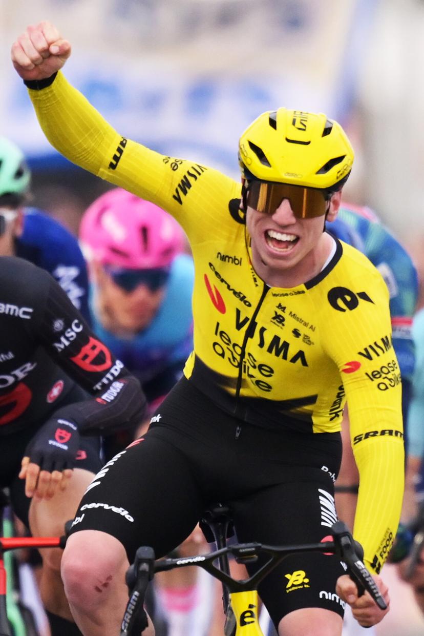 Great Britain's Matthew Brennan of Team Visma-Lease a Bike crosses the finish line to win the 78th edition of the men elite race of the Kuurne-Brussels-Kuurne one day cycling race, 195 km from Kuurne to Kuurne via Brussels, Sunday 01 March 2026.  BELGA PHOTO DAVID PINTENS