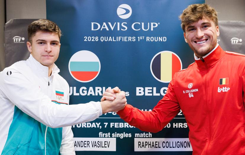 Bulgarian Alexander Vasilev and Belgian Raphael Collignon pictured aftera a press conference of the Belgian team, Friday 06 February 2026, in Plovdiv, Bulgaria. Belgium will compete this weekend in the Davis Cup qualifiers against Bulgaria. BELGA PHOTO BENOIT DOPPAGNE