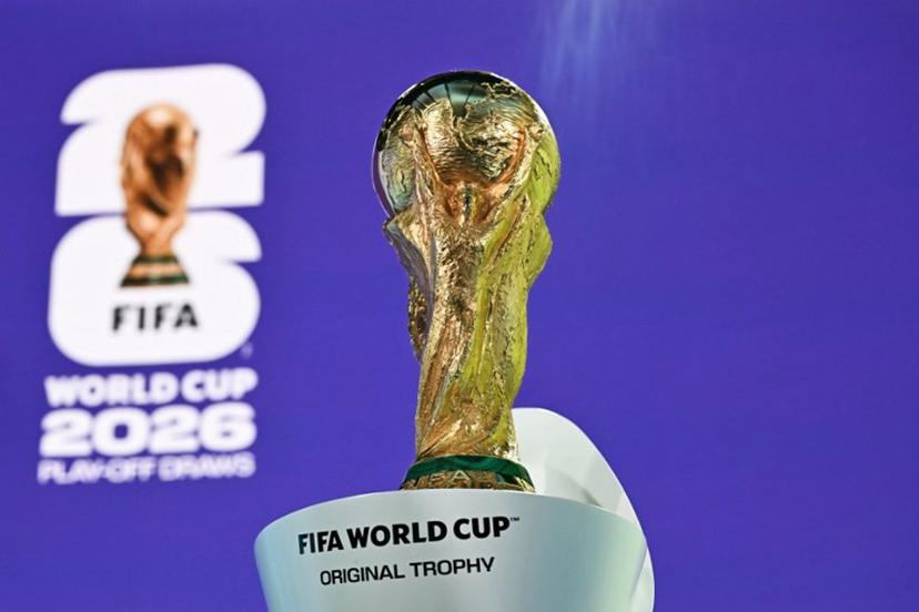 This photograph shows the 2026 FIFA World Cup trophy following the 2026 FIFA World Cup European Play-Off draw at the FIFA's Home of Football in Zurich on November 20, 2025.  Fabrice COFFRINI / AFP