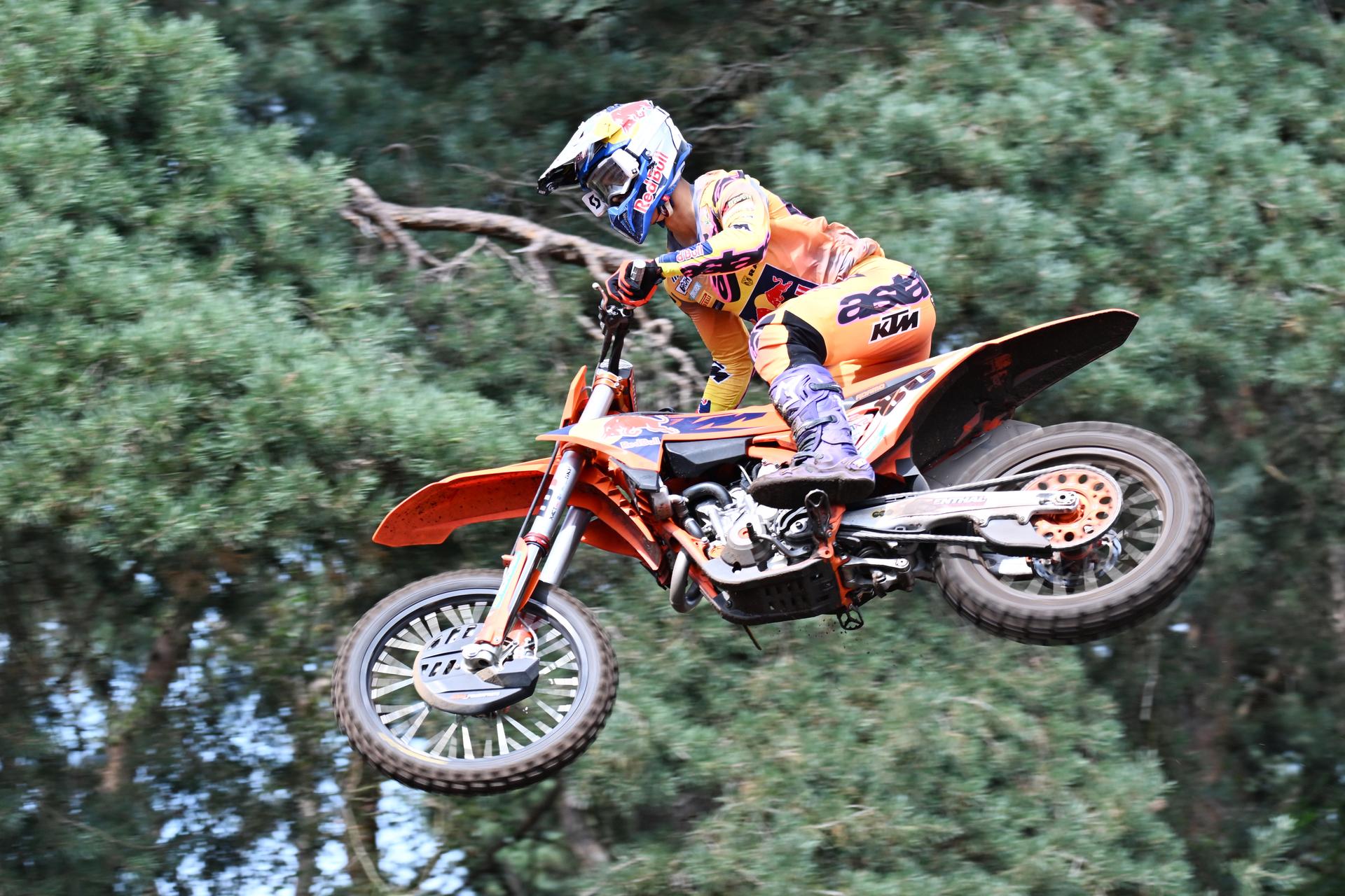 Italian Adamo Andrea pictured in action during the Belgian Championships motocross at Keiheuvel, in Balen, Thursday 15 August 2024. BELGA PHOTO MAARTEN STRAETEMANS