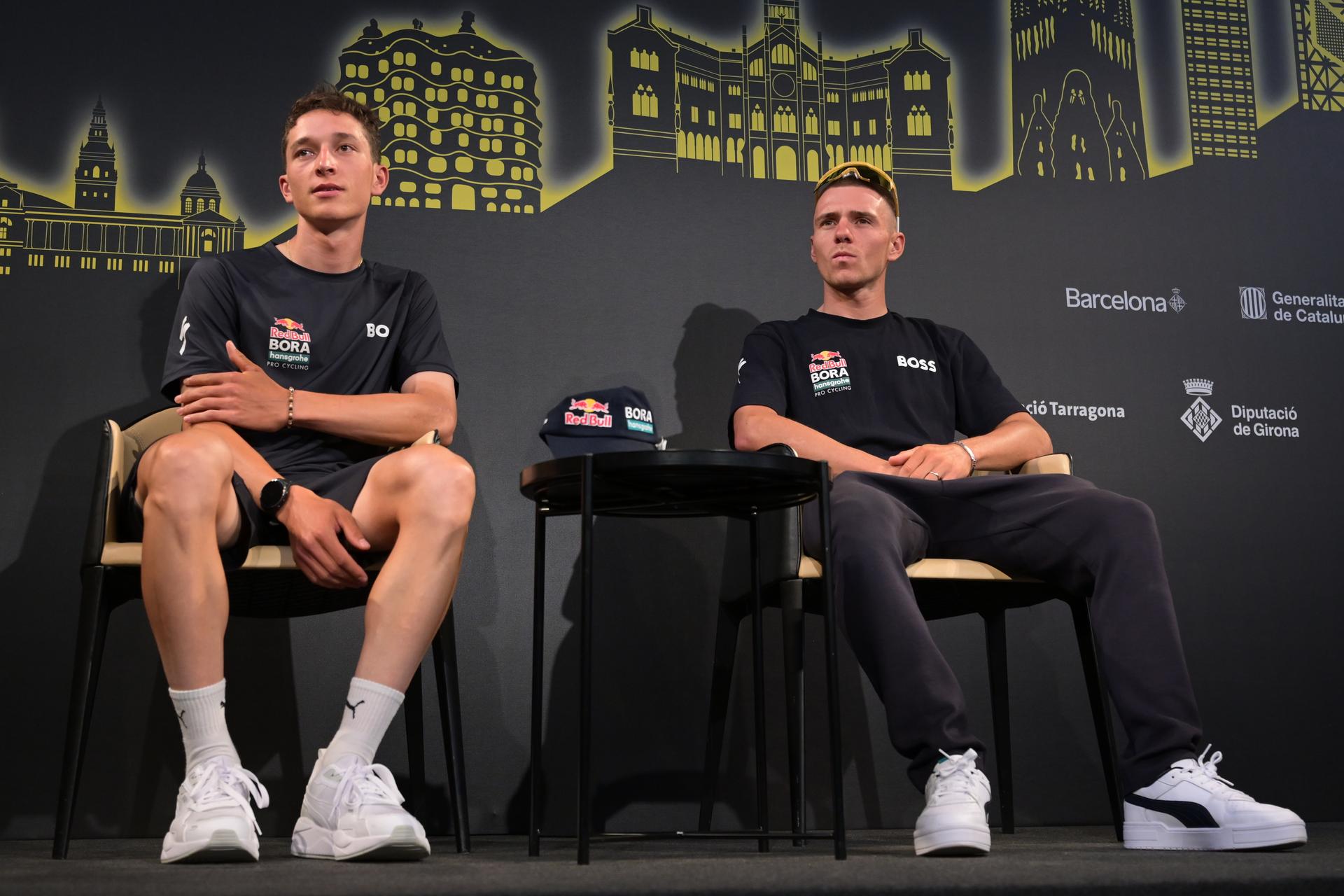 German Florian Lipowitz of Red Bull-BORA-hansgrohe and Belgian Remco Evenepoel of Red Bull-BORA-hansgrohe pictured during a press conference ahead of the 2026 Tour de France cycling race, Thursday 02 July 2026, in Barcelona, Spain. The 113th edition of the Tour de France starts on Saturday 4 July in Barcelona, Spain, and will finish in Paris, France on the 26th of July. BELGA PHOTO DAVID PINTENS
