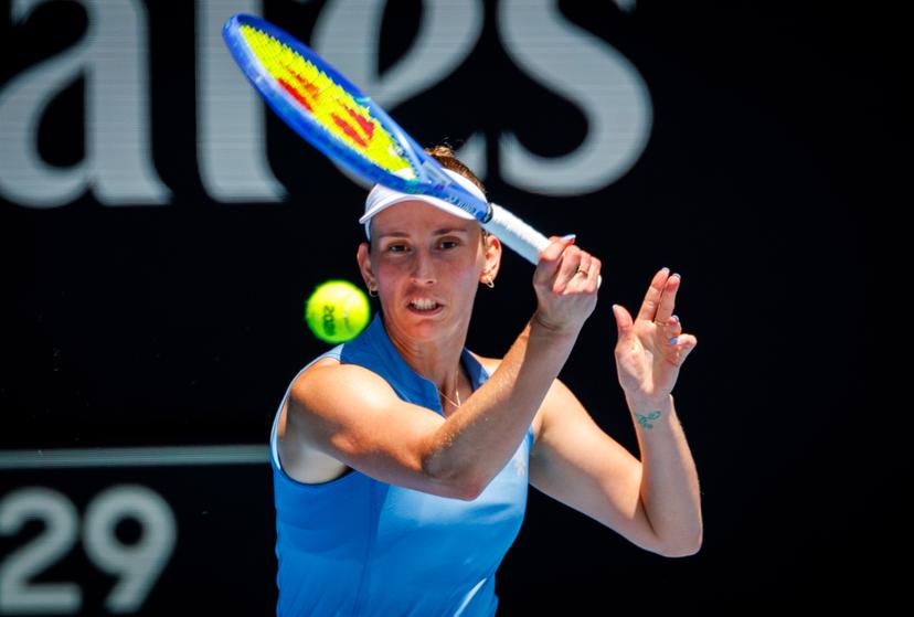 Belgian Elise Mertens pictured in action during a doubles tennis match between Belgian-Chinese pair Mertens-Zhang and Kazakh/Serbian pair Danilina/Krunic, in the final of the women doubles at the Australian Open, Melbourne Park, Melbourne on Saturday 31 January 2026. BELGA PHOTO PATRICK HAMILTON  --- BENELUX ONLY   ---