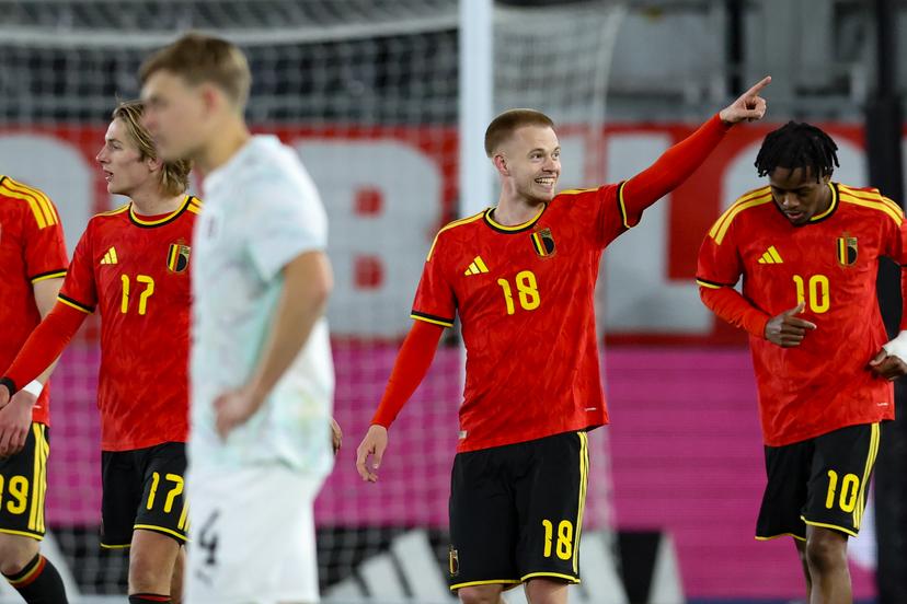 Belgian Arthur Vermeeren celebrates after scoring during a game of the Belgian national soccer team Red Devils U21 against Austria, on the day 8 of the qualifications in the group I for the 2027 Euro, in Leuven, Friday 27 March 2026. BELGA PHOTO BRUNO FAHY