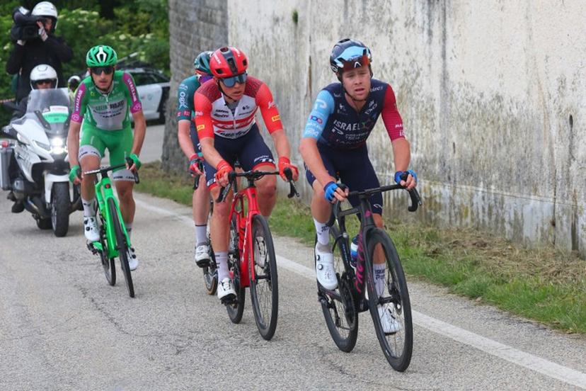 (From R) Israel - Premier Tech's Australian rider Sebastian Berwick, Trek - Segafredo's Latvian rider Toms Skujins, BORA - hansgrohe's German rider Nico Denz and Green Project-Bardiani CSF-Faizane's Italian rider Alessandro Tonelli cycle during their breakaway in the twelfth stage of the Giro d'Italia 2023 cycling race, 179 km between Bra and Rivoli, on May 18, 2023.  Luca Bettini / AFP