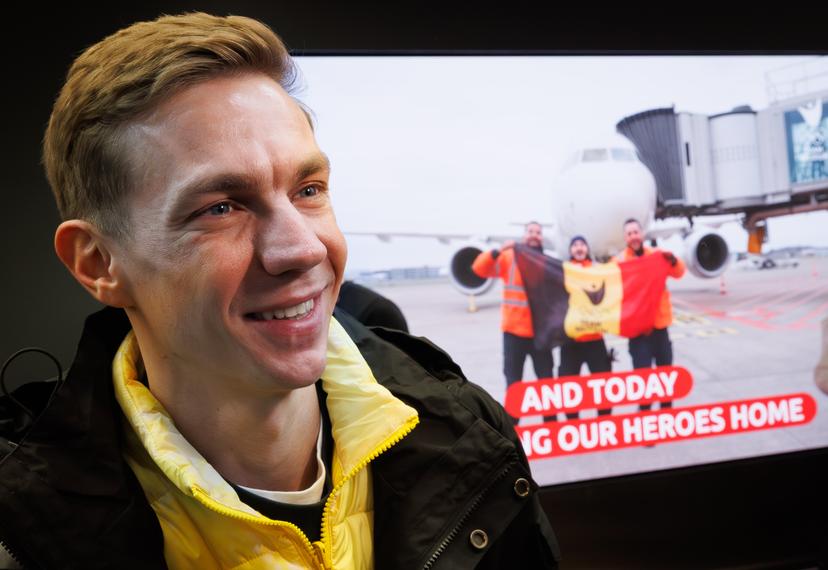 Belgian Bart Swings answers questions during the arrival of Team Belgium from the Milano Cortina 2026 Olympic Winter Games, on Monday 23 February 2026, at Brussels Airport, in Zaventem. Belgium won a bronze medal in the shorttrack mixed relay. BELGA PHOTO BENOIT DOPPAGNE