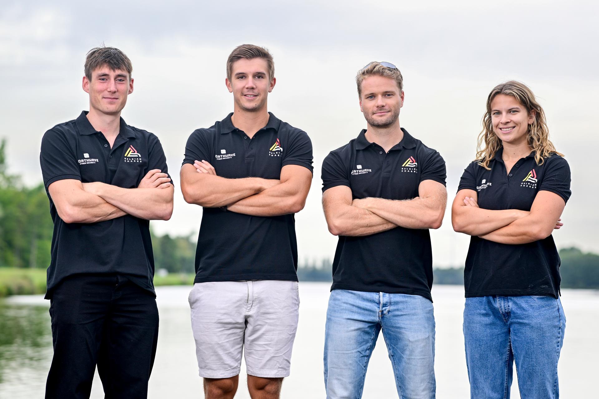 Belgian athlete Aaron Andries , Belgian athlete Tristan Vandenbussche , Belgian athlete Marlon Colpaert , Belgian athlete Mazarine Guilbert and pose for a photoshoot organized by the 'Vlaamse Roeiliga' Flemish rowing federation, Tuesday 09 September 2025 in Willebroek, to present the athletes and new coaching staff that will take part to the World Championships in Shanghai (September 21-28). BELGA PHOTO DIRK WAEM