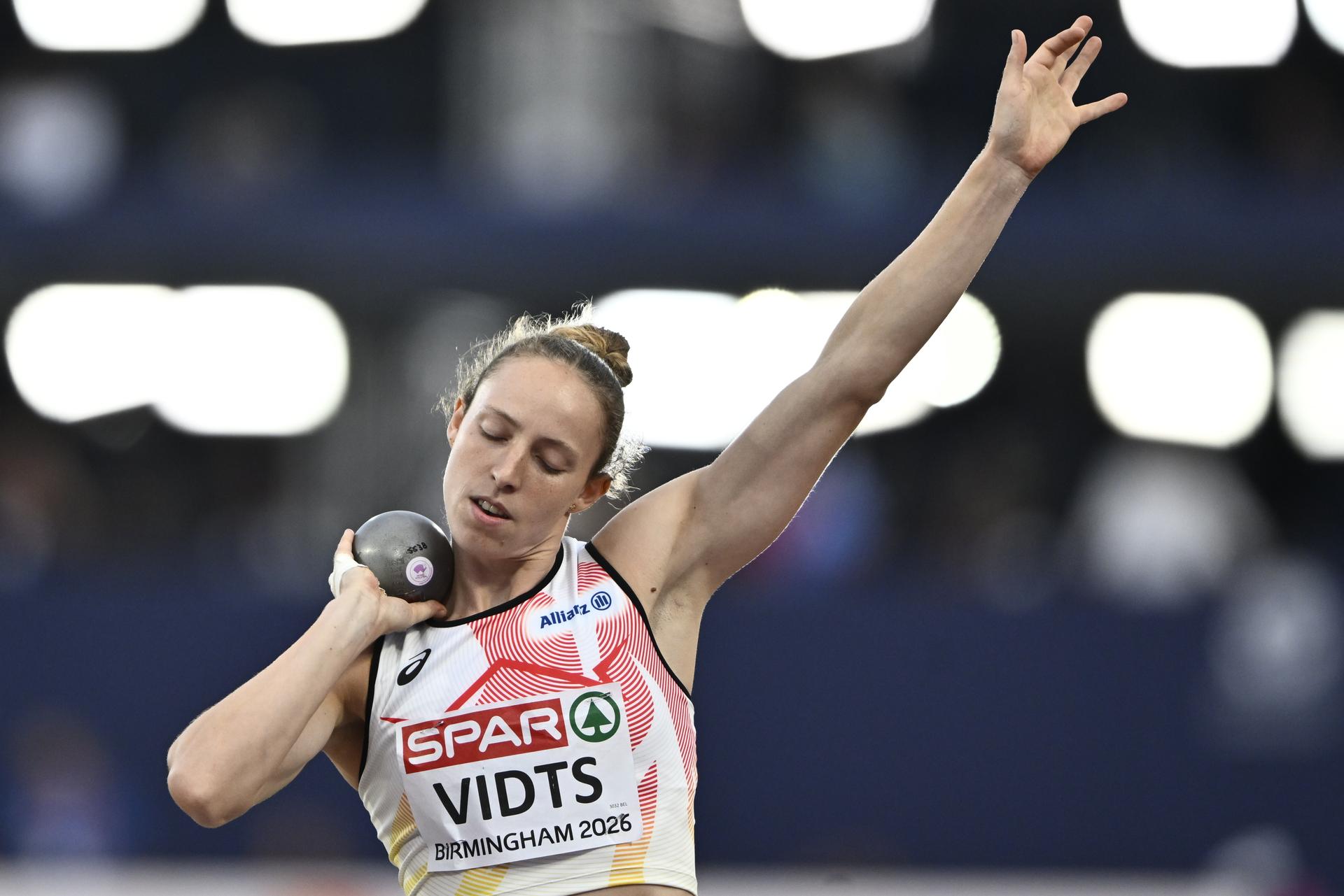 Belgian Noor Vidts pictured in action during the shot put event of the women's heptathlon competition, on the fifth day of the European Athletics Championships (August 10-18) in Birmingham, United Kingdom, on Friday 14 August 2026. BELGA PHOTO ERIC LALMAND