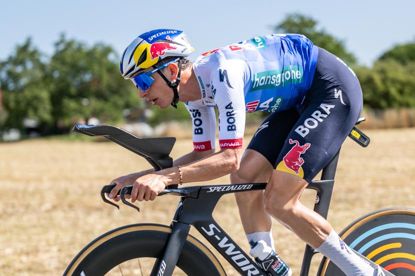 German Florian Lipowitz of Red Bull-BORA-hansgrohe pictured in action during a reconnaissance round on the track of the stage 16 of the 2026 Tour de France cycling race, an individual Time Trial stage of 26km from Evian-les-Bains to Thonon-les-Bains, on Tuesday 21 July 2026. The 113th edition of the Tour de France starts on Saturday 4 July in Barcelona, Spain, and will finish in Paris, France on the 26th of July. BELGA PHOTO DAVID PINTENS
