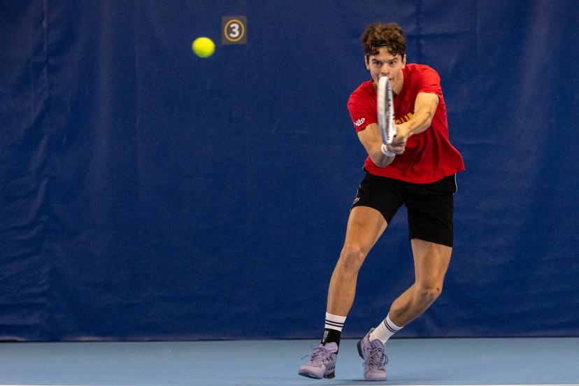 Belgian Alexander Blockx pictured in action during an open training session of the Belgian Davis Cup team ahead of the Davis Cup Finals (November 18-23), in Wilrijk, on Wednesday 12 November 2025. BELGA PHOTO ZENO DRUYTS