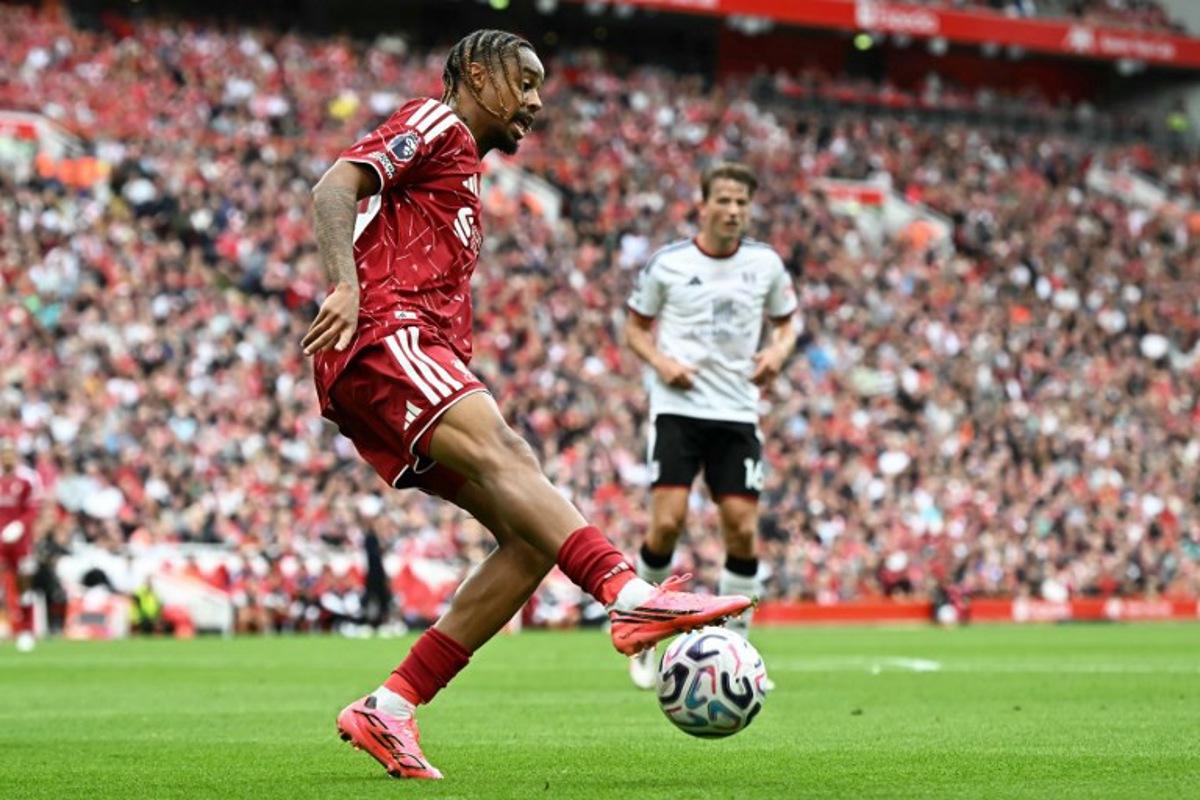 Liverpool's French midfielder #29 Bradley Barcola controls the ball during the English Premier League football match between Liverpool and Fulham at Anfield in Liverpool, north west England on September 12, 2026.  Paul ELLIS / AFP